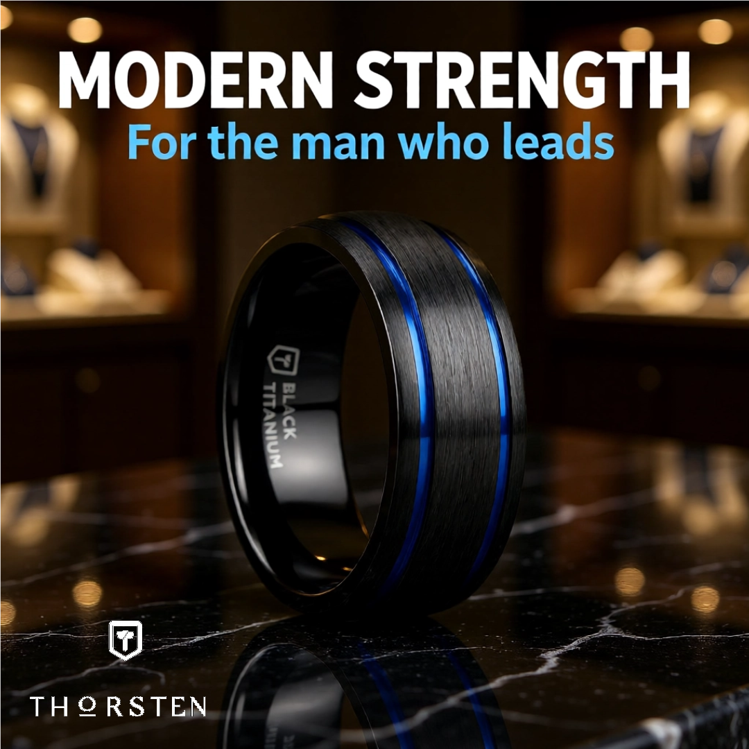 Mens Titanium Blue Grooves Domed Black Wedding Ring - Brushed Comfort Fit - 8mm Wide - Style name: SHERIFF