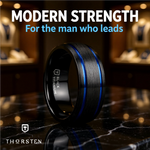 Load image into Gallery viewer, Mens Titanium Blue Grooves Domed Black Wedding Ring - Brushed Comfort Fit - 8mm Wide - Style name: SHERIFF

