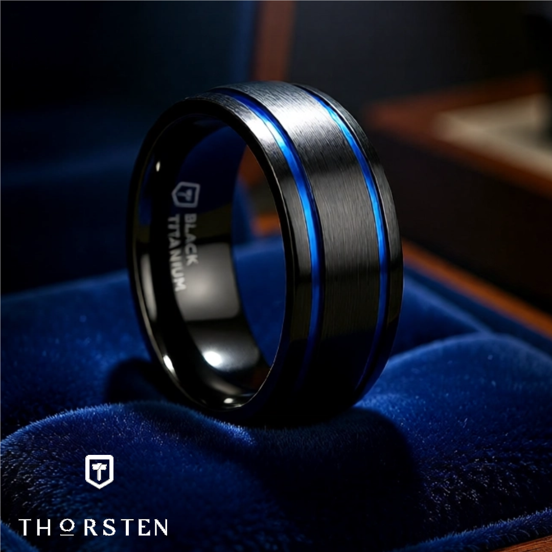 Mens Titanium Blue Grooves Domed Black Wedding Ring - Brushed Comfort Fit - 8mm Wide - Style name: SHERIFF