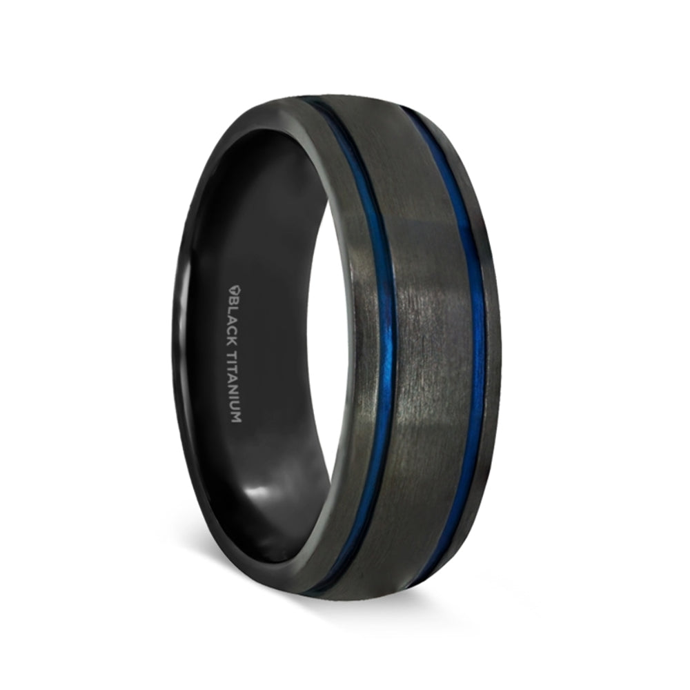 Mens Titanium Blue Grooves Domed Black Wedding Ring - Brushed Comfort Fit - 8mm Wide - Style name: SHERIFF