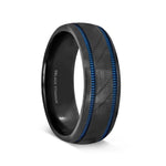 Load image into Gallery viewer, Mens Black Titanium Carved Diagonal Pattern Blue Milgrain Grooves Wedding Ring - Brushed Finish Comfort Fit - 8mm Wide - Style name: PATROL
