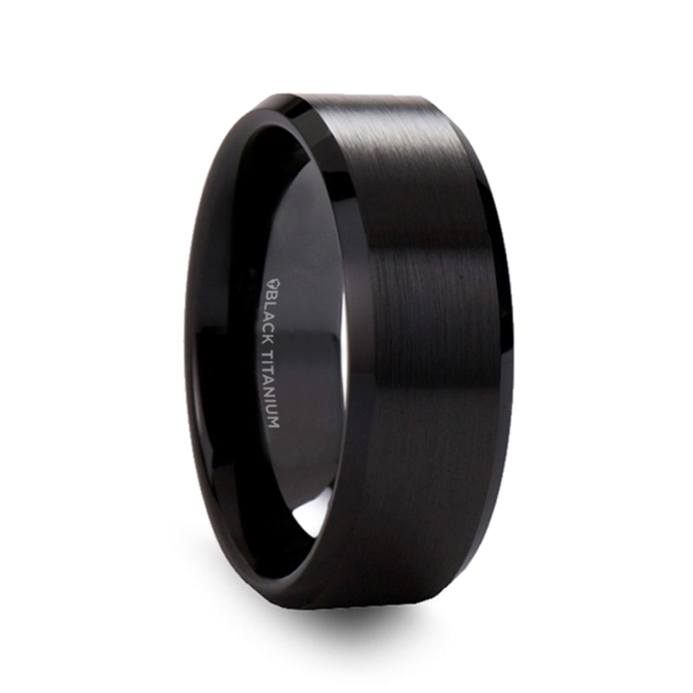 Mens Black Titanium Brush Finished Center Wedding Ring - Polished Beveled Edges Comfort Fit - 8mm Wide - Style name: ELYSIAN