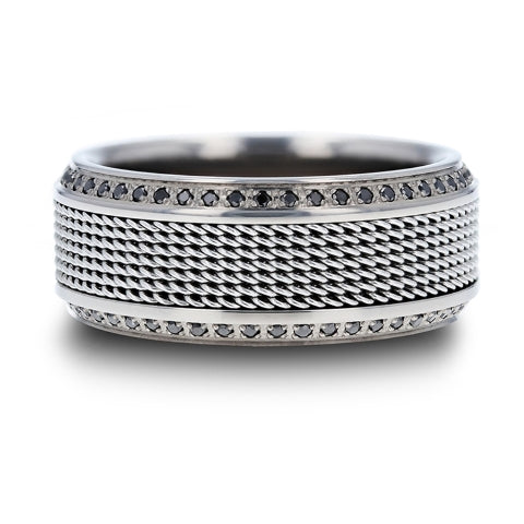 Mens Titanium Steel Chain Round Black Diamonds Wedding Ring - Polished Beveled Comfort Fit - 10mm Wide - Style name: GAUNTLET