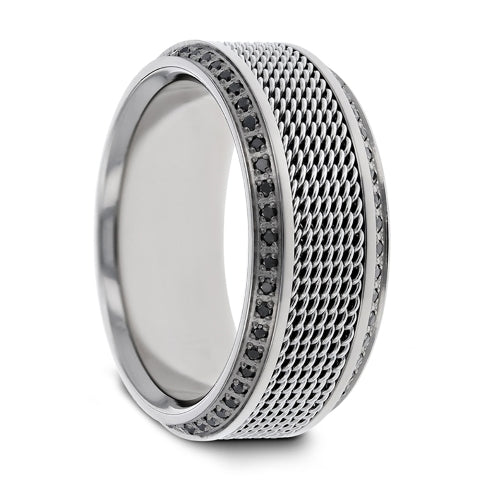 Mens Titanium Steel Chain Round Black Diamonds Wedding Ring - Polished Beveled Comfort Fit - 10mm Wide - Style name: GAUNTLET