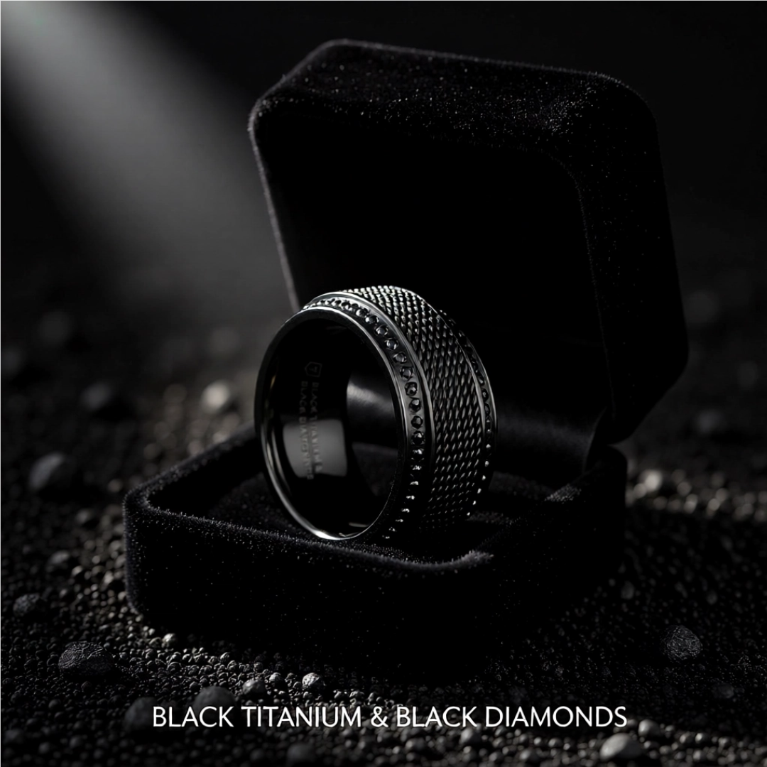 Mens Steel Chain Black Titanium Round Black Diamonds Wedding Ring - Polished Beveled Edges Comfort Fit - 10mm Wide - Style name: KNIGHT