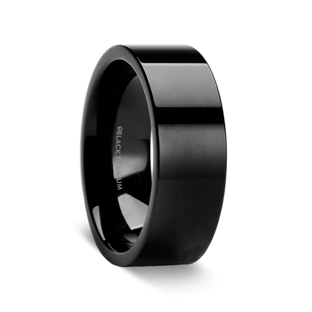 Mens Black Titanium Flat Wedding Ring - Polished Comfort Fit - 8mm Wide - Style name: NEO
