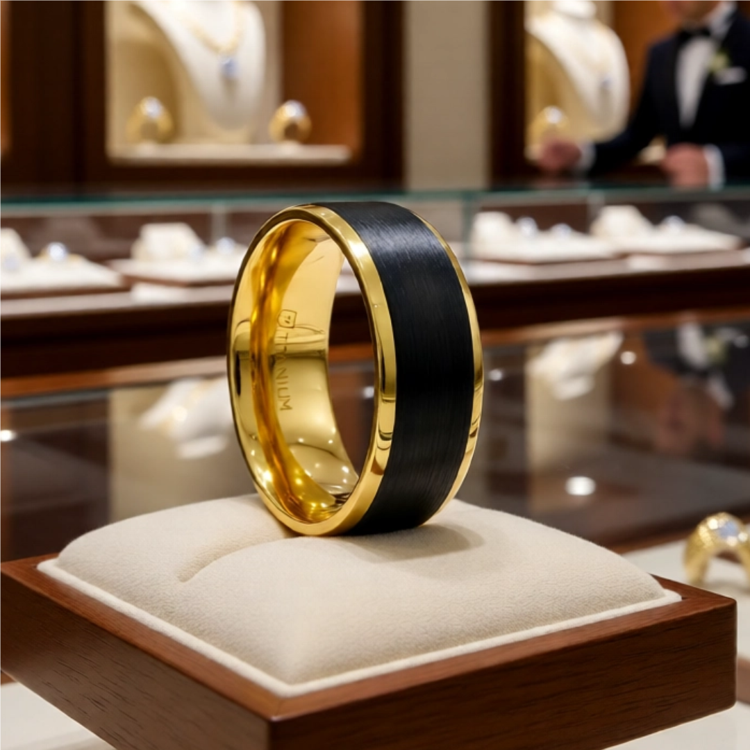 Mens Black Titanium Gold Plated Brushed Center Wedding Ring - Polished Beveled Comfort Fit - 8mm Wide - Style name: BEAUMONT