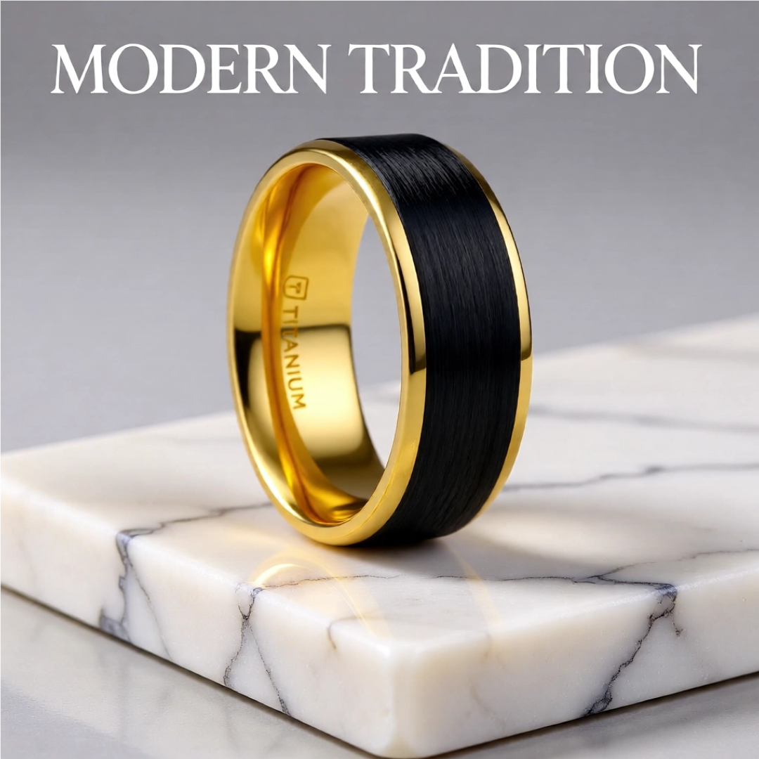 Mens Black Titanium Gold Plated Brushed Center Wedding Ring - Polished Beveled Comfort Fit - 8mm Wide - Style name: BEAUMONT