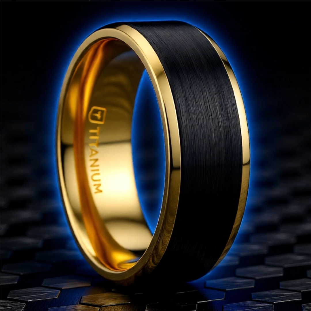 Mens Black Titanium Gold Plated Brushed Center Wedding Ring - Polished Beveled Comfort Fit - 8mm Wide - Style name: BEAUMONT