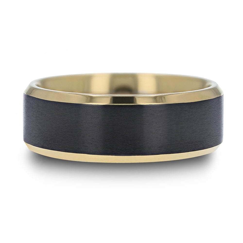 Mens Black Titanium Gold Plated Brushed Center Wedding Ring - Polished Beveled Comfort Fit - 8mm Wide - Style name: BEAUMONT