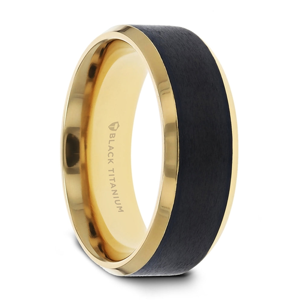 Mens Black Titanium Gold Plated Brushed Center Wedding Ring - Polished Beveled Comfort Fit - 8mm Wide - Style name: BEAUMONT