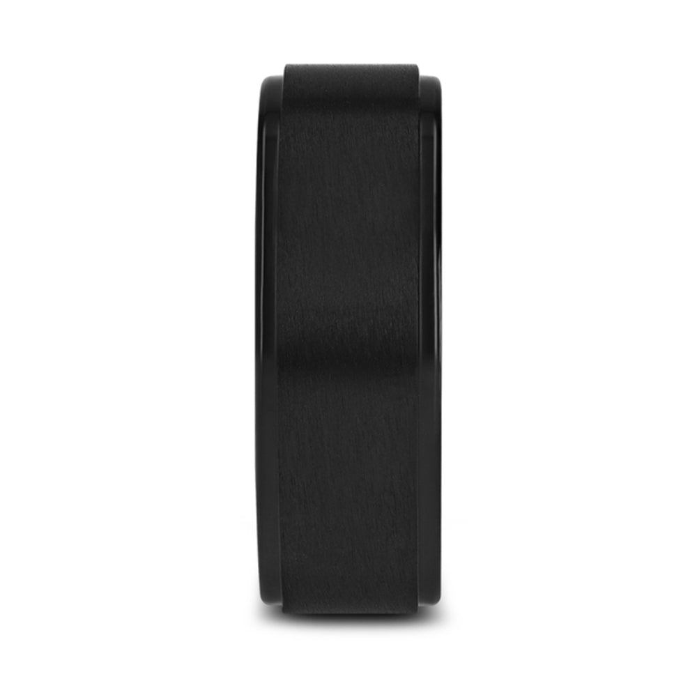Mens Black Titanium Brushed Raised Center Wedding Ring - Flat Polished Edges Comfort Fit - 8mm Wide - Style name: BABYLON