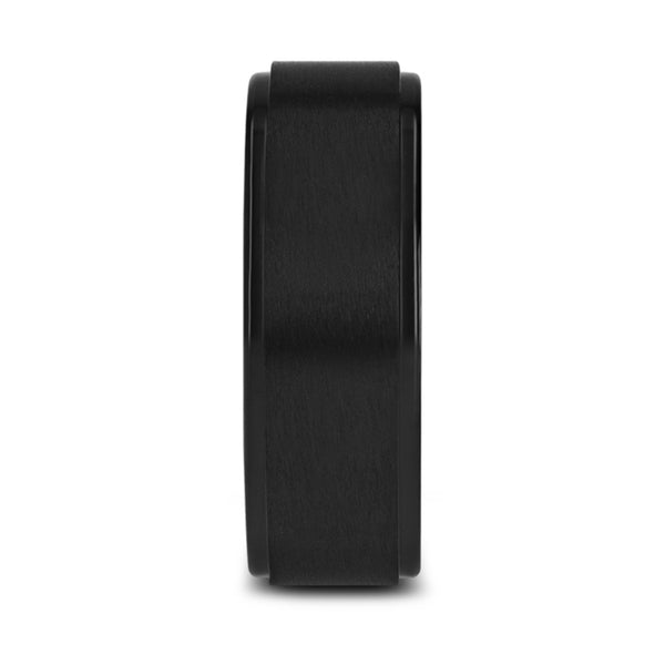Mens Black Titanium Brushed Raised Center Wedding Ring - Flat Polished Edges Comfort Fit - 8mm Wide - Style name: BABYLON