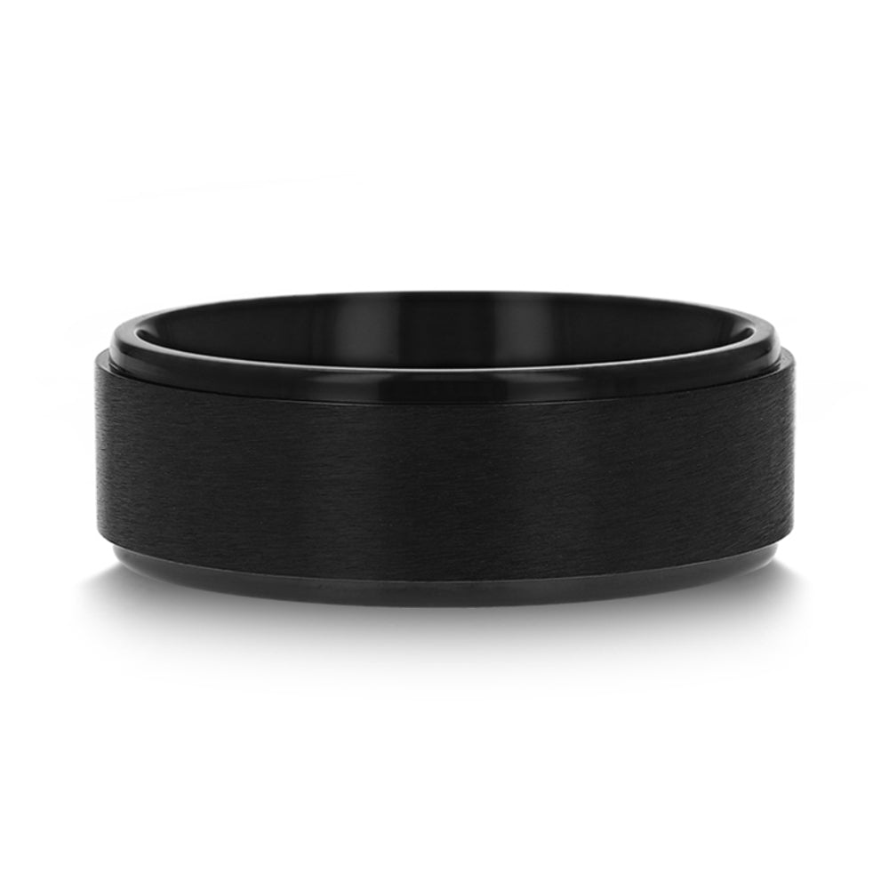 Mens Black Titanium Brushed Raised Center Wedding Ring - Flat Polished Edges Comfort Fit - 8mm Wide - Style name: BABYLON