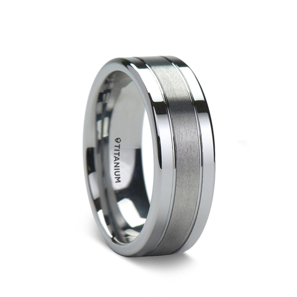 Mens Titanium Brushed Center Polished Edges Wedding Ring - Flat Comfort Fit - 8mm Wide - Style name: MAGNUM
