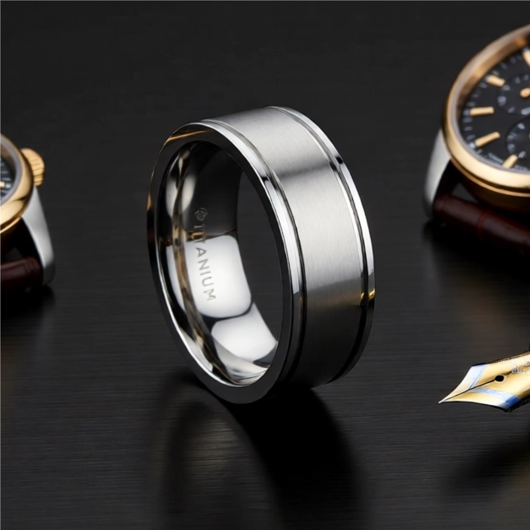 Mens Titanium Pipe Cut Finish Wedding Ring - Brushed Comfort Fit - 8mm Wide - Style name: FAIRFIELD