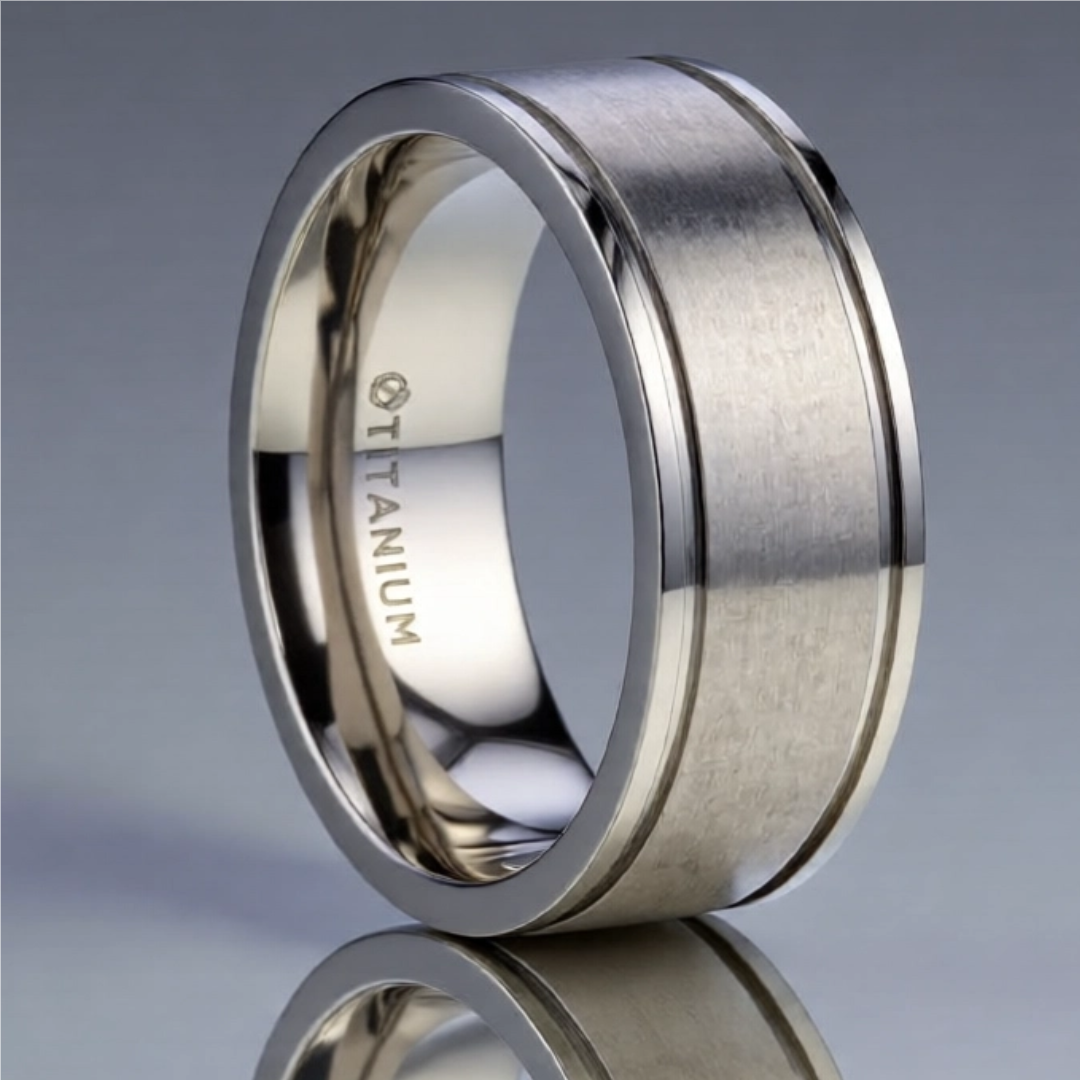Mens Titanium Pipe Cut Finish Wedding Ring - Brushed Comfort Fit - 8mm Wide - Style name: FAIRFIELD