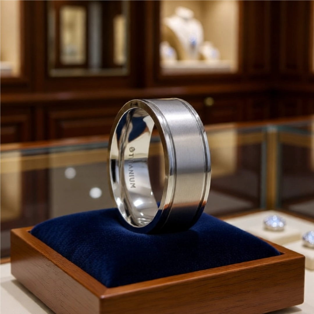 Mens Titanium Pipe Cut Finish Wedding Ring - Brushed Comfort Fit - 8mm Wide - Style name: FAIRFIELD