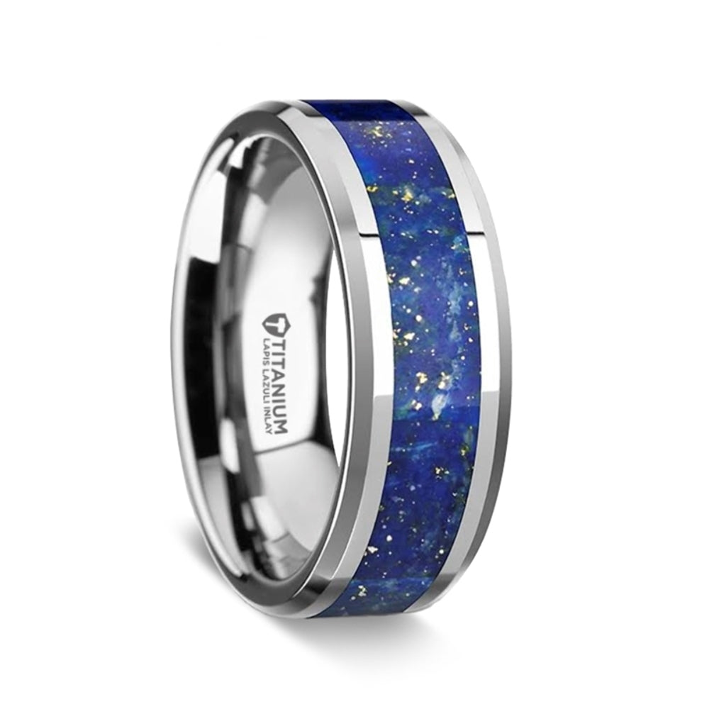 Mens Titanium Blue Lapis Inlay Wedding Ring - Beveled Comfort Fit - 8mm Wide - Style name: MALONE