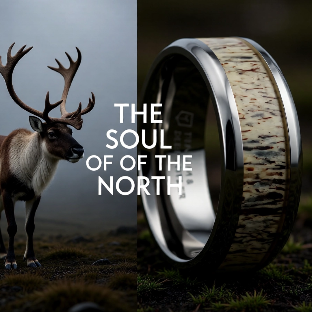Mens Titanium Ombre Deer Antler Inlay Diamond Wedding Ring - Polished Beveled Comfort Fit - 8mm Wide - Style name: CARIBOU