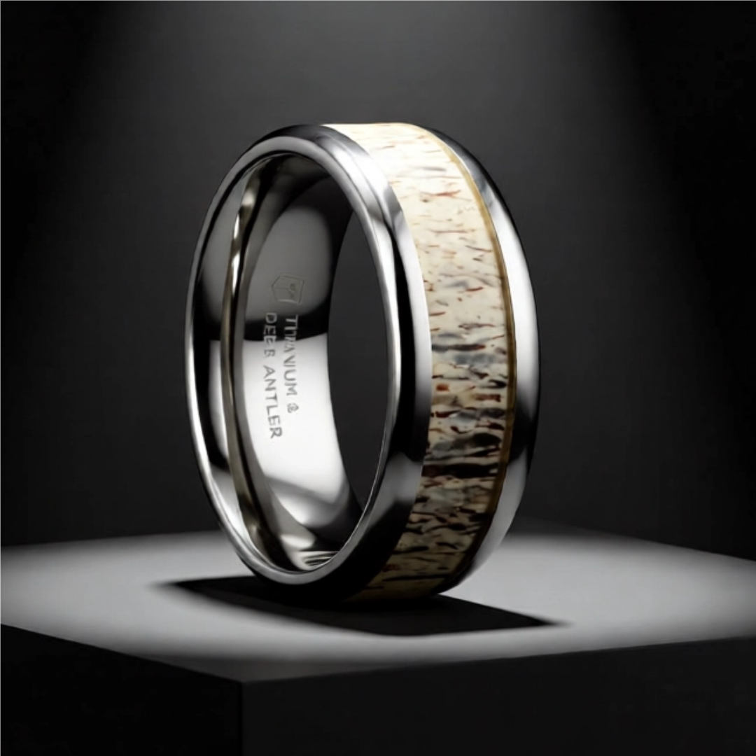 Mens Titanium Ombre Deer Antler Inlay Diamond Wedding Ring - Polished Beveled Comfort Fit - 8mm Wide - Style name: CARIBOU