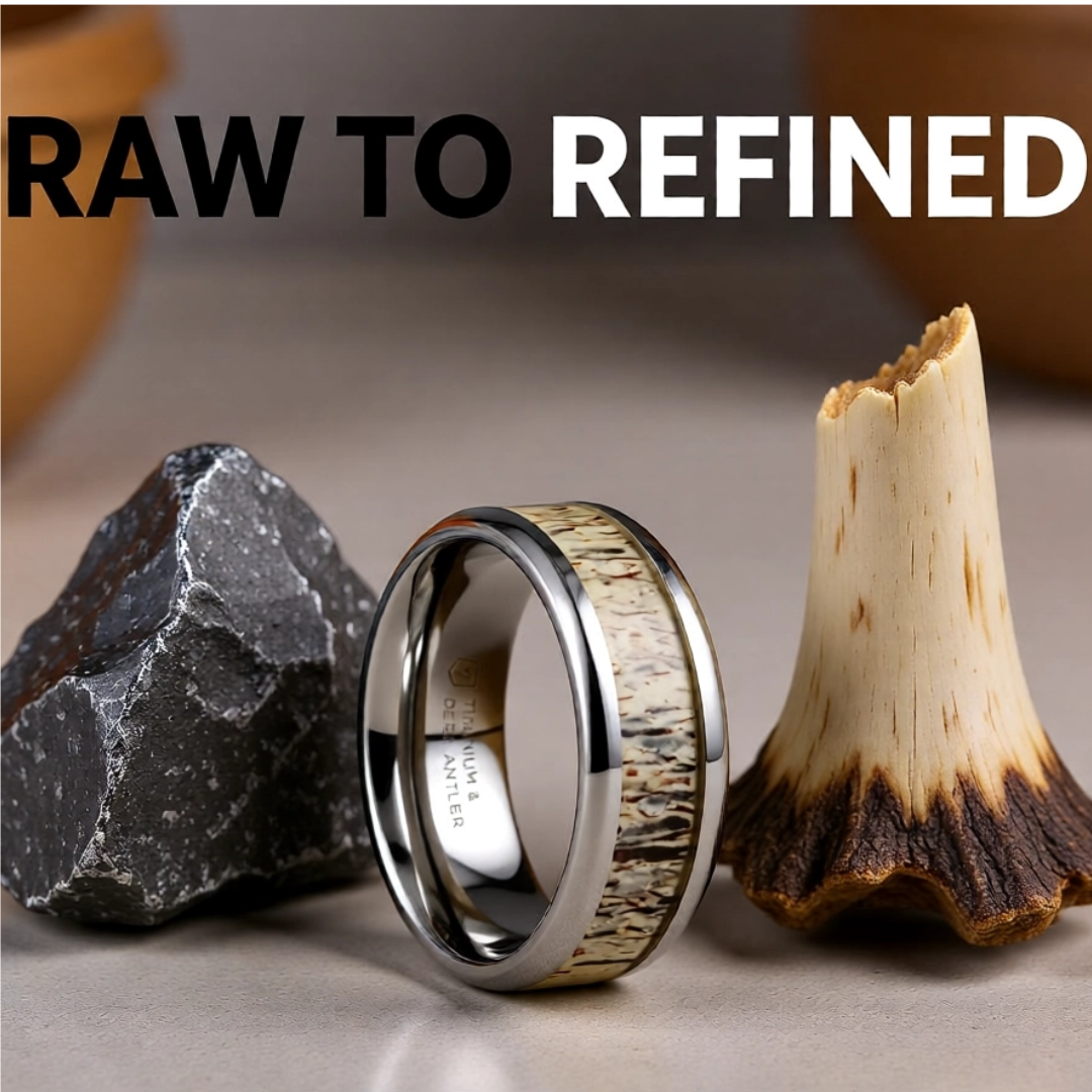 Mens Titanium Ombre Deer Antler Inlay Diamond Wedding Ring - Polished Beveled Comfort Fit - 8mm Wide - Style name: CARIBOU