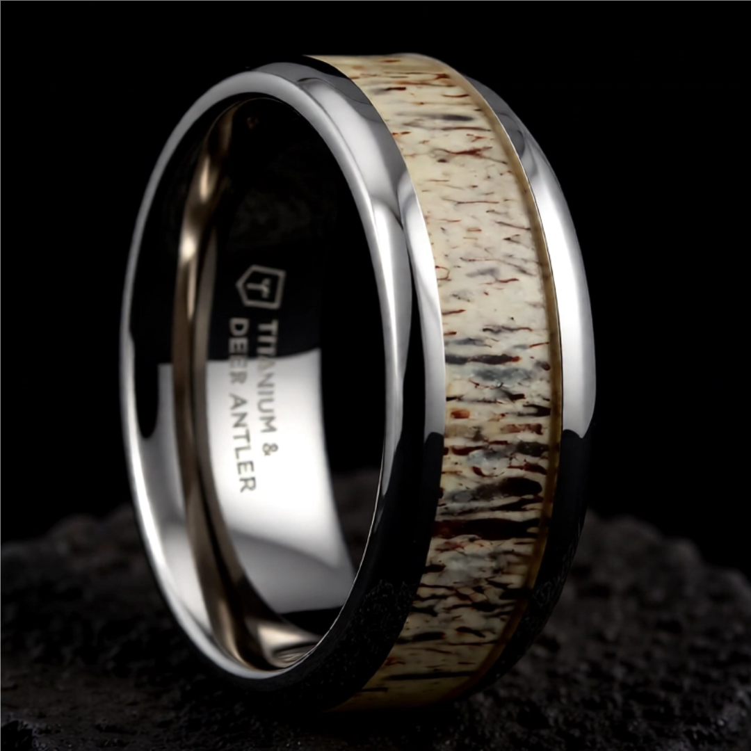 Mens Titanium Ombre Deer Antler Inlay Diamond Wedding Ring - Polished Beveled Comfort Fit - 8mm Wide - Style name: CARIBOU
