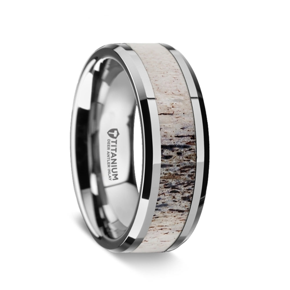 Mens Titanium Ombre Deer Antler Inlay Diamond Wedding Ring - Polished Beveled Comfort Fit - 8mm Wide - Style name: CARIBOU