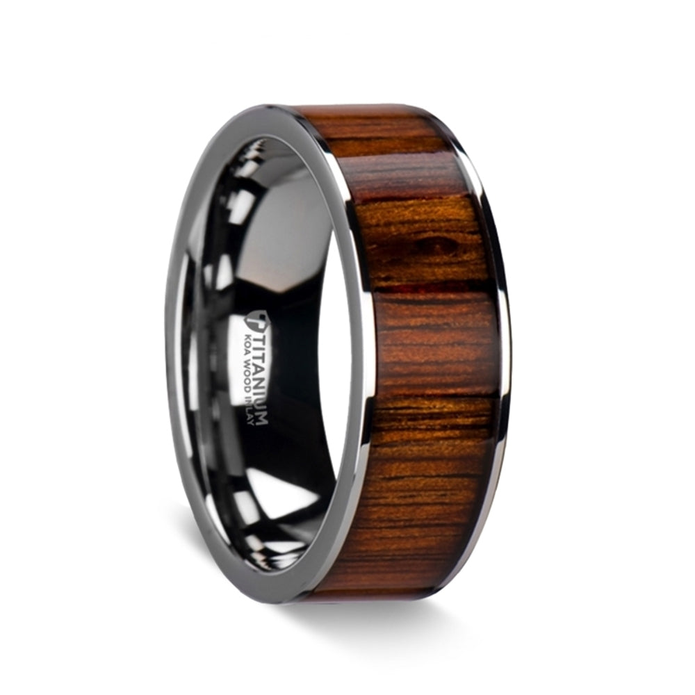 Mens Titanium Rare Koa Wood Inlay Wedding Ring - Flat Comfort Fit - 8mm Wide - Style name: HONUA
