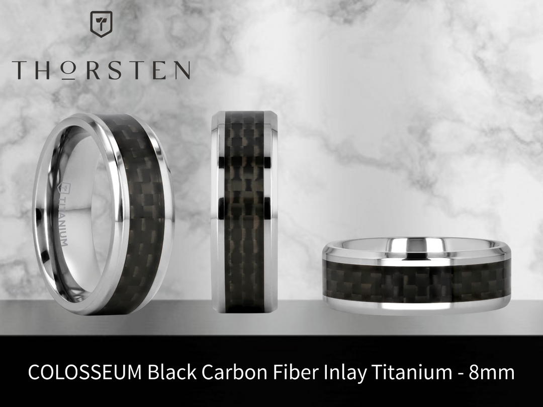 Mens Titanium Black Carbon Fiber Inlay Wedding Ring - Flat Beveled Comfort Fit - 8mm Wide - Style name: COLOSSEUM