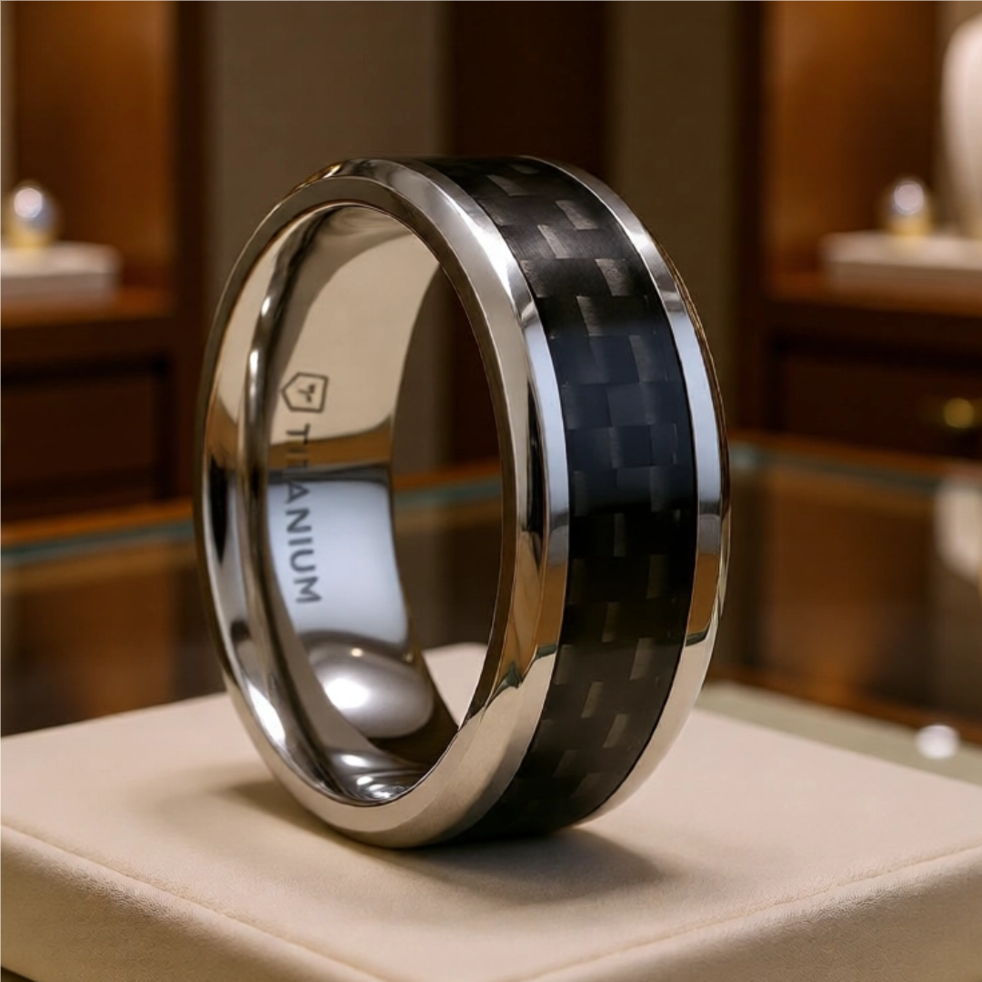 Mens Titanium Black Carbon Fiber Inlay Wedding Ring - Flat Beveled Comfort Fit - 8mm Wide - Style name: COLOSSEUM