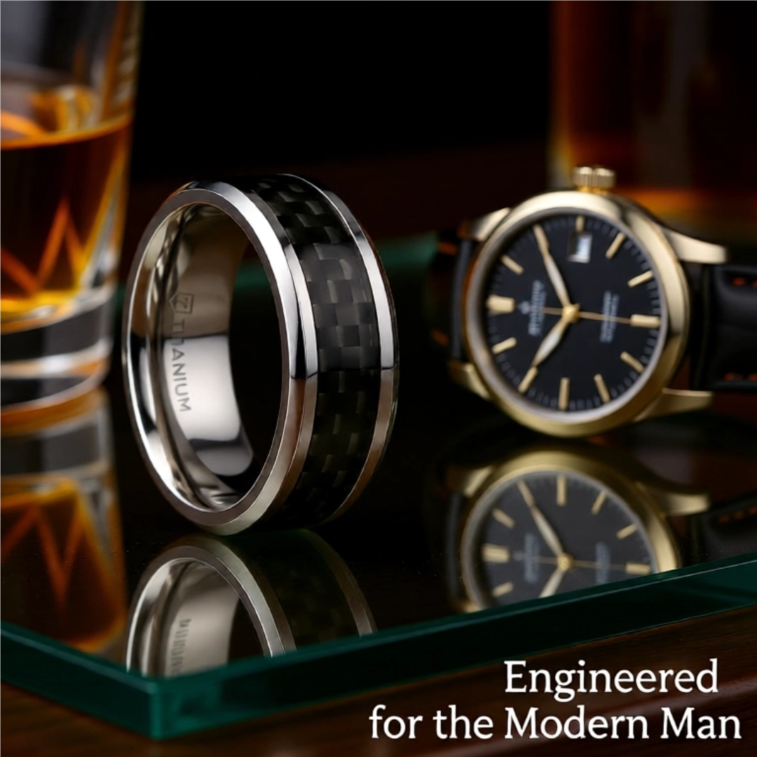 Mens Titanium Black Carbon Fiber Inlay Wedding Ring - Flat Beveled Comfort Fit - 8mm Wide - Style name: COLOSSEUM