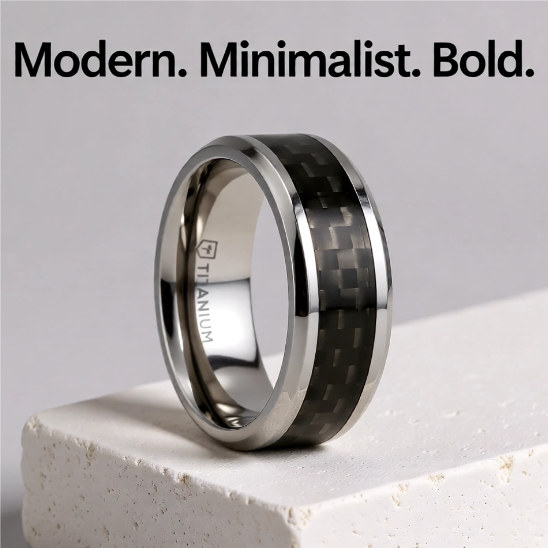 Mens Titanium Black Carbon Fiber Inlay Wedding Ring - Flat Beveled Comfort Fit - 8mm Wide - Style name: COLOSSEUM
