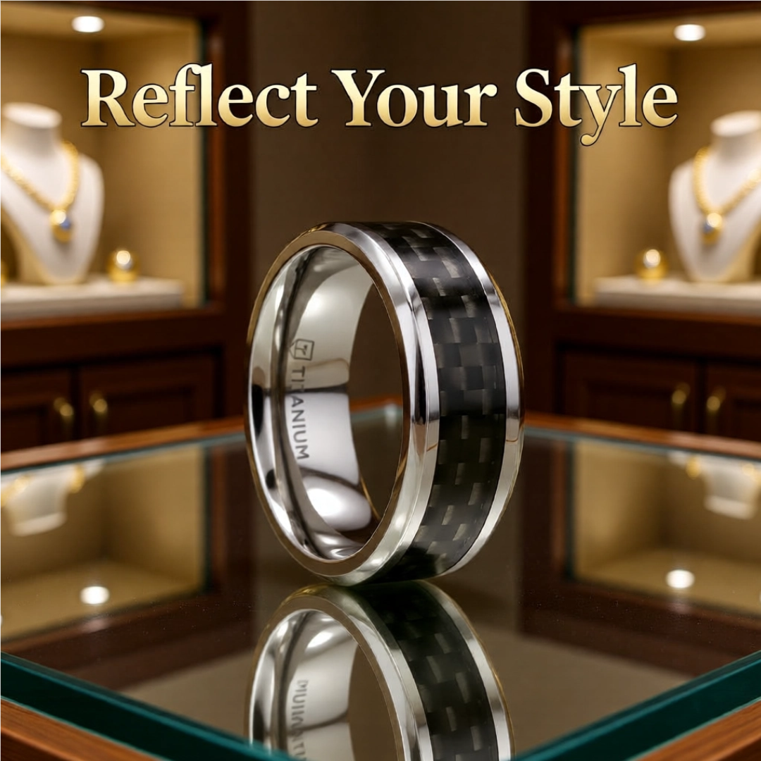 Mens Titanium Black Carbon Fiber Inlay Wedding Ring - Flat Beveled Comfort Fit - 8mm Wide - Style name: COLOSSEUM