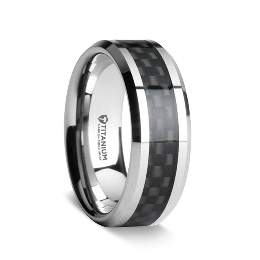 Mens Titanium Black Carbon Fiber Inlay Wedding Ring - Flat Beveled Comfort Fit - 8mm Wide - Style name: COLOSSEUM