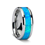 Load image into Gallery viewer, Mens Titanium Blue Green Opal Inlay Wedding Ring - Polished Beveled Comfort Fit - 8mm Wide - Style name: GALAXY
