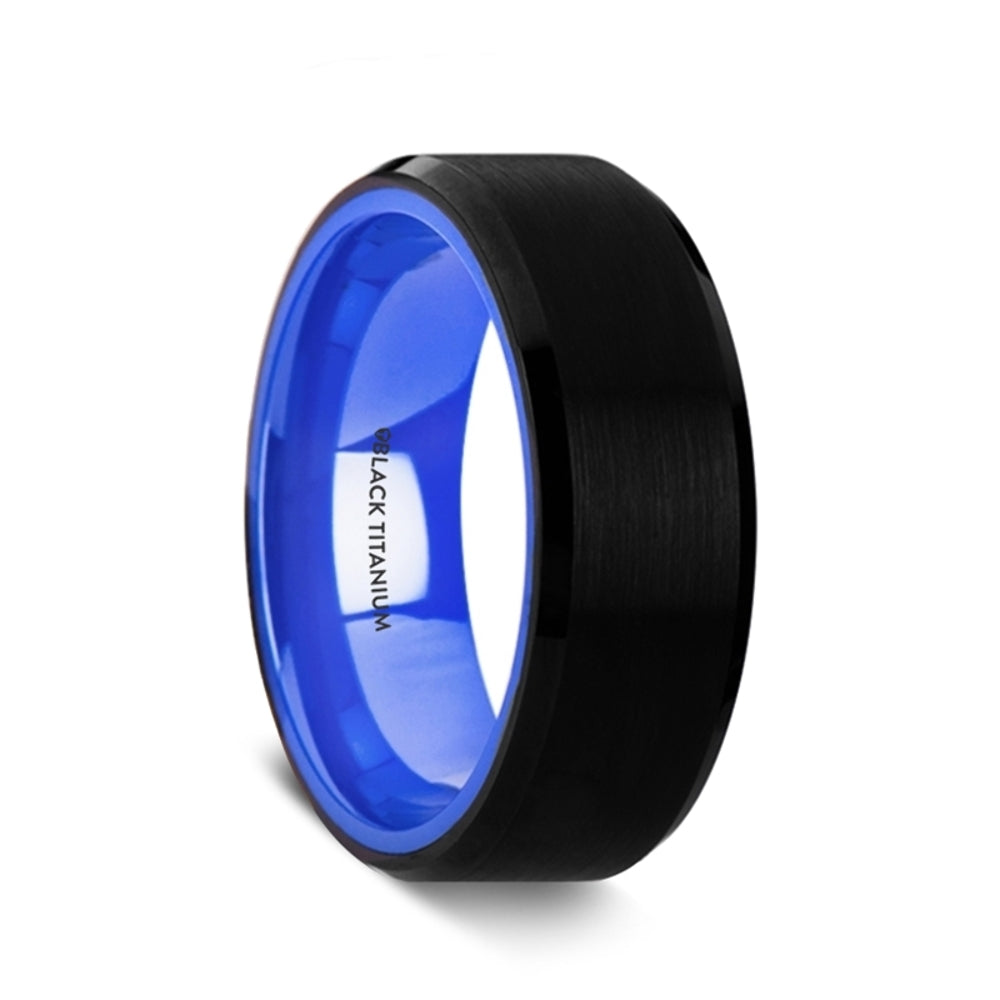 Mens Black Titanium Vibrant Blue Inside Wedding Ring - Brushed Center Comfort Fit - 8mm Wide - Style name: CASTOR