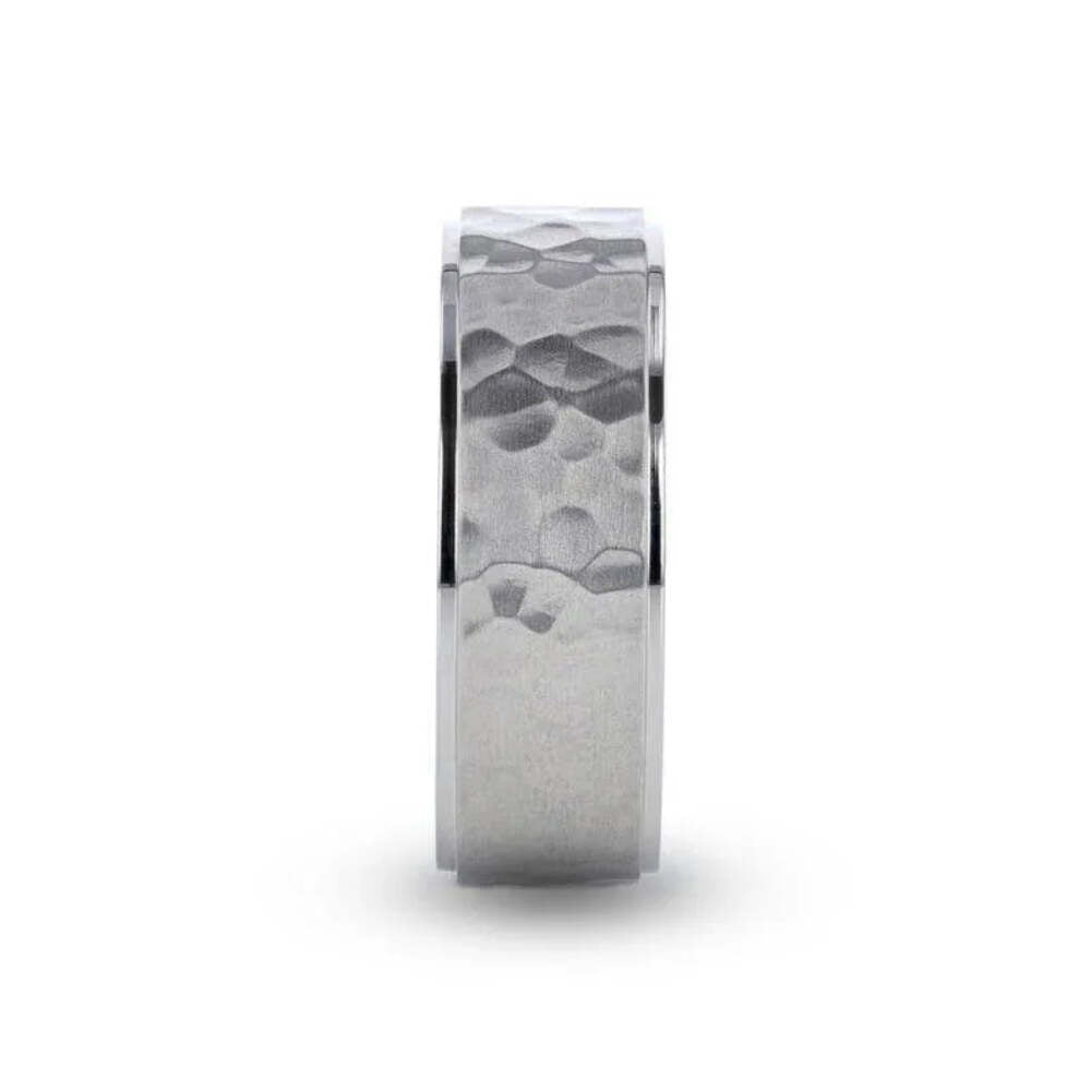 Mens Titanium Raised Hammered Finish Step Edges Wedding Ring - Polished Comfort Fit - 8mm Wide - Style name: MINISTER