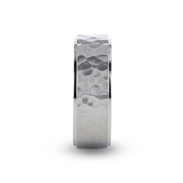 Mens Titanium Raised Hammered Finish Step Edges Wedding Ring - Polished Comfort Fit - 8mm Wide - Style name: MINISTER