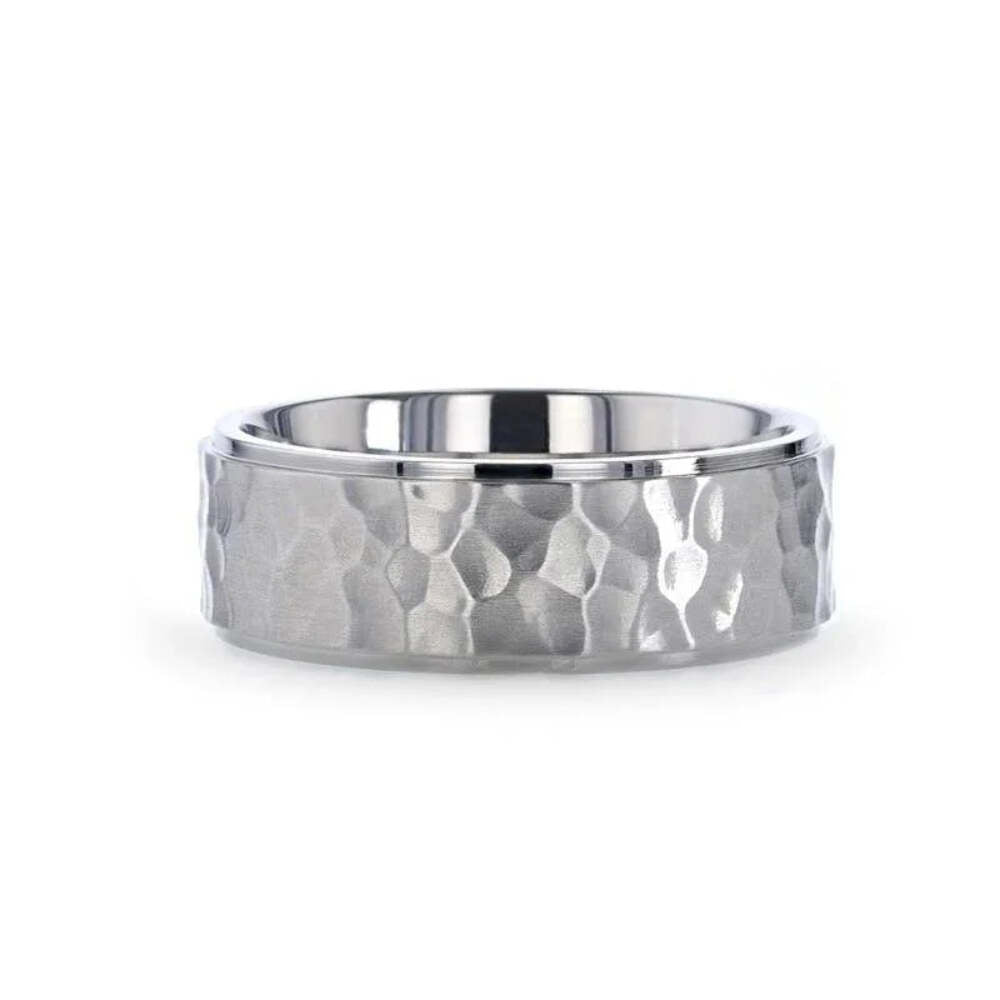 Mens Titanium Raised Hammered Finish Step Edges Wedding Ring - Polished Comfort Fit - 8mm Wide - Style name: MINISTER