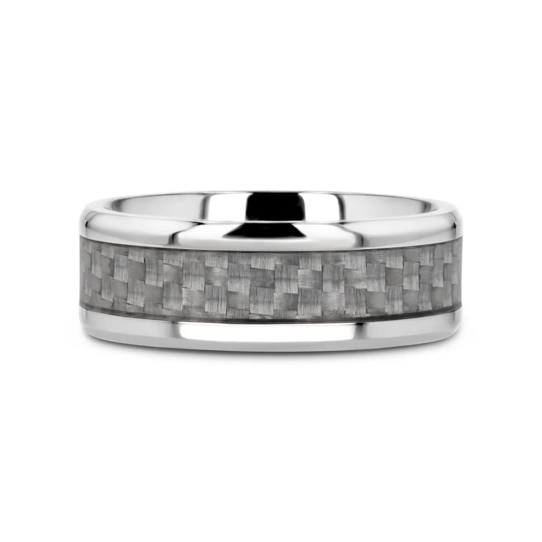 Mens Titanium White Carbon Fiber Inlay Wedding Ring - Beveled Comfort Fit - 8mm Wide - Style name: TANTALUS