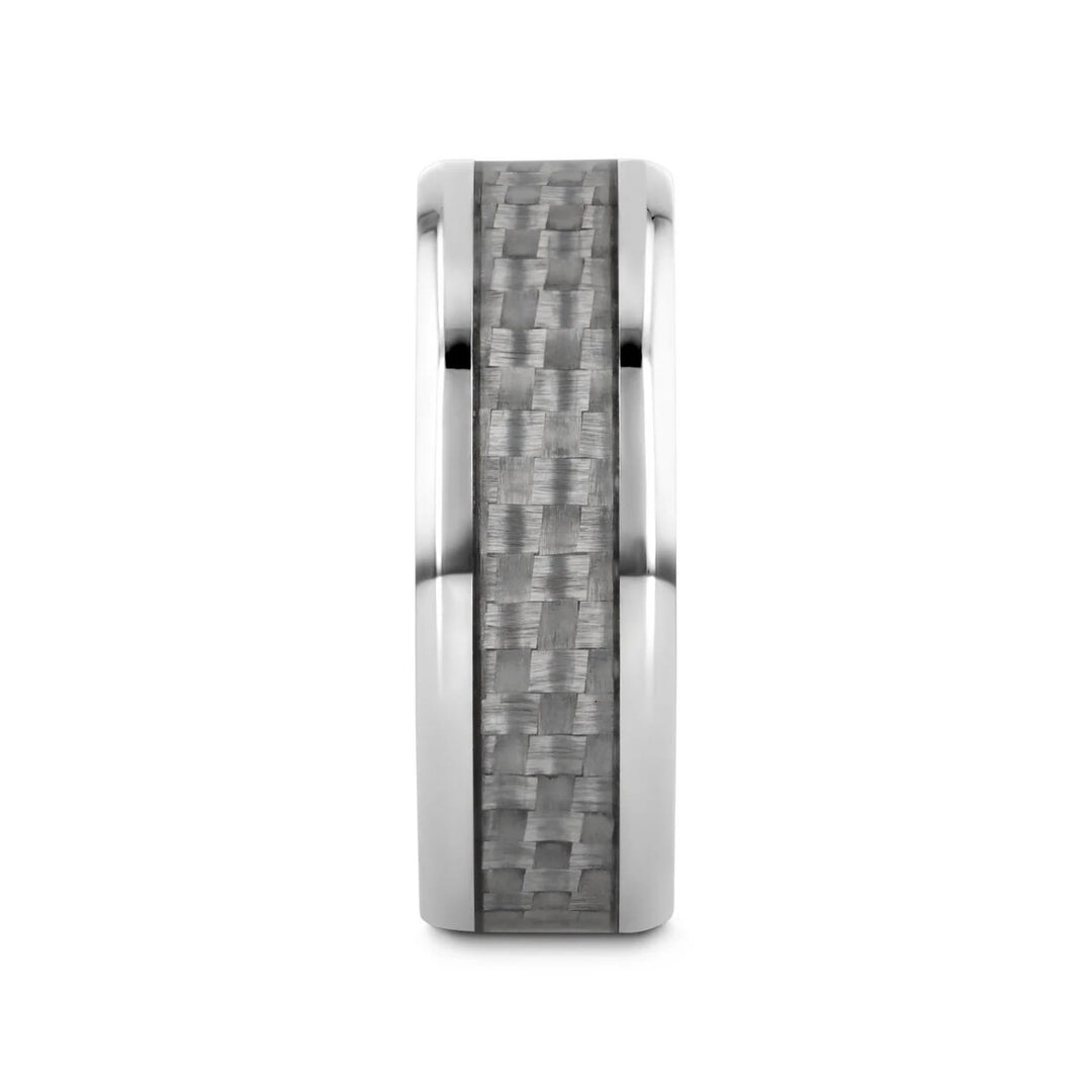 Mens Titanium White Carbon Fiber Inlay Wedding Ring - Beveled Comfort Fit - 8mm Wide - Style name: TANTALUS