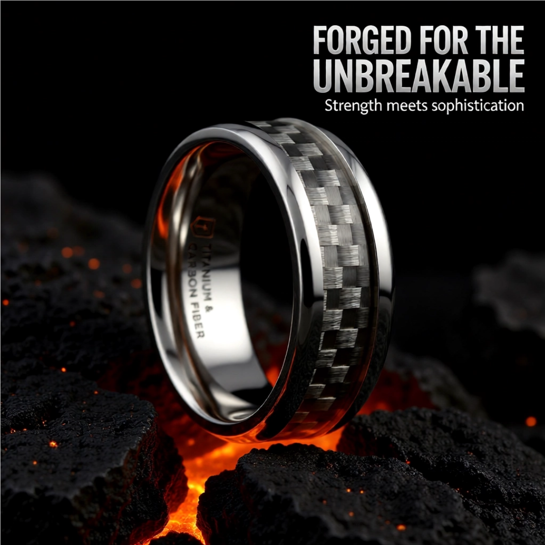 Mens Titanium White Carbon Fiber Inlay Wedding Ring - Beveled Comfort Fit - 8mm Wide - Style name: TANTALUS