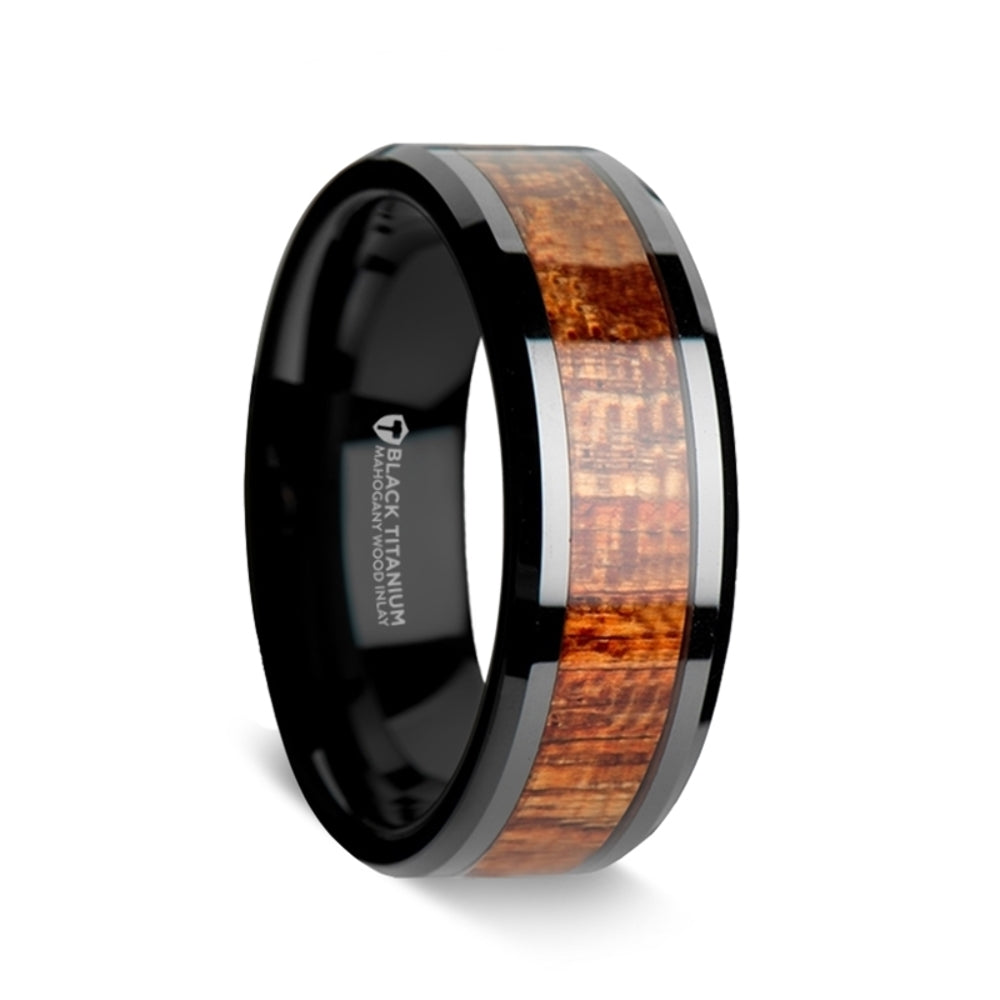 Mens Black Titanium Exotic Mahogany Hard Wood Inlay Wedding Ring - Polished Bevels Comfort Fit - 8mm Wide - Style name: DOMINICA