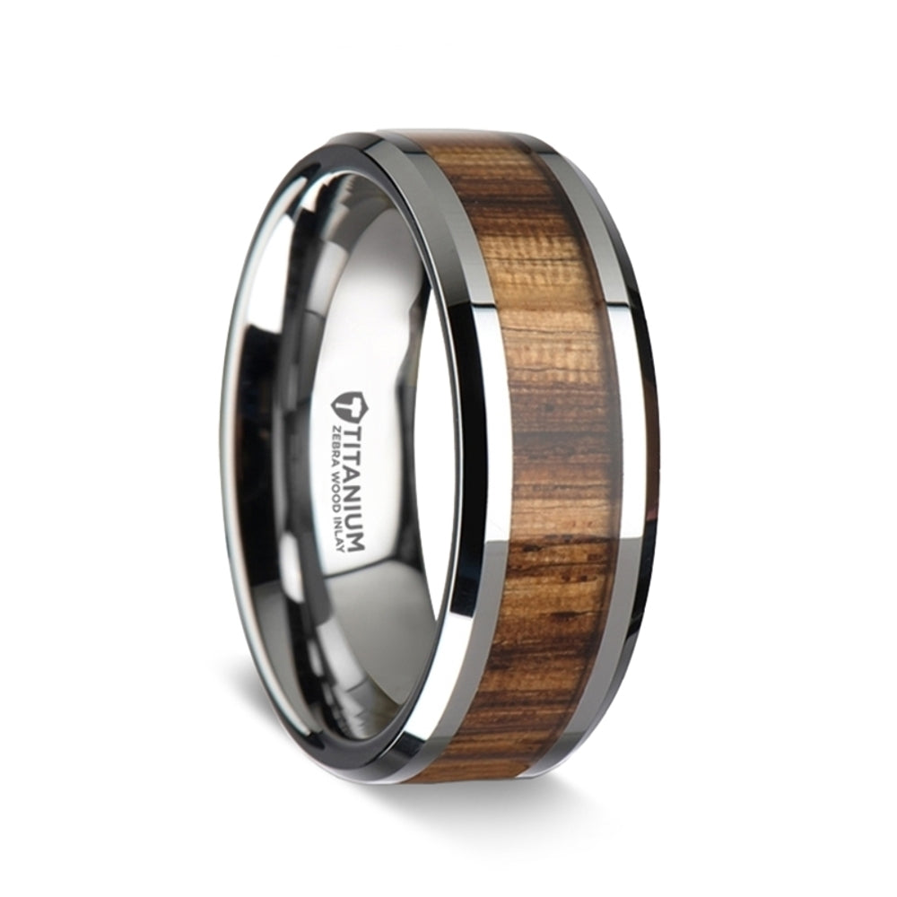 Mens Titanium Real Zebra Wood Inlay Wedding Ring - Beveled Comfort Fit - 8mm Wide - Style name: ZINGANA