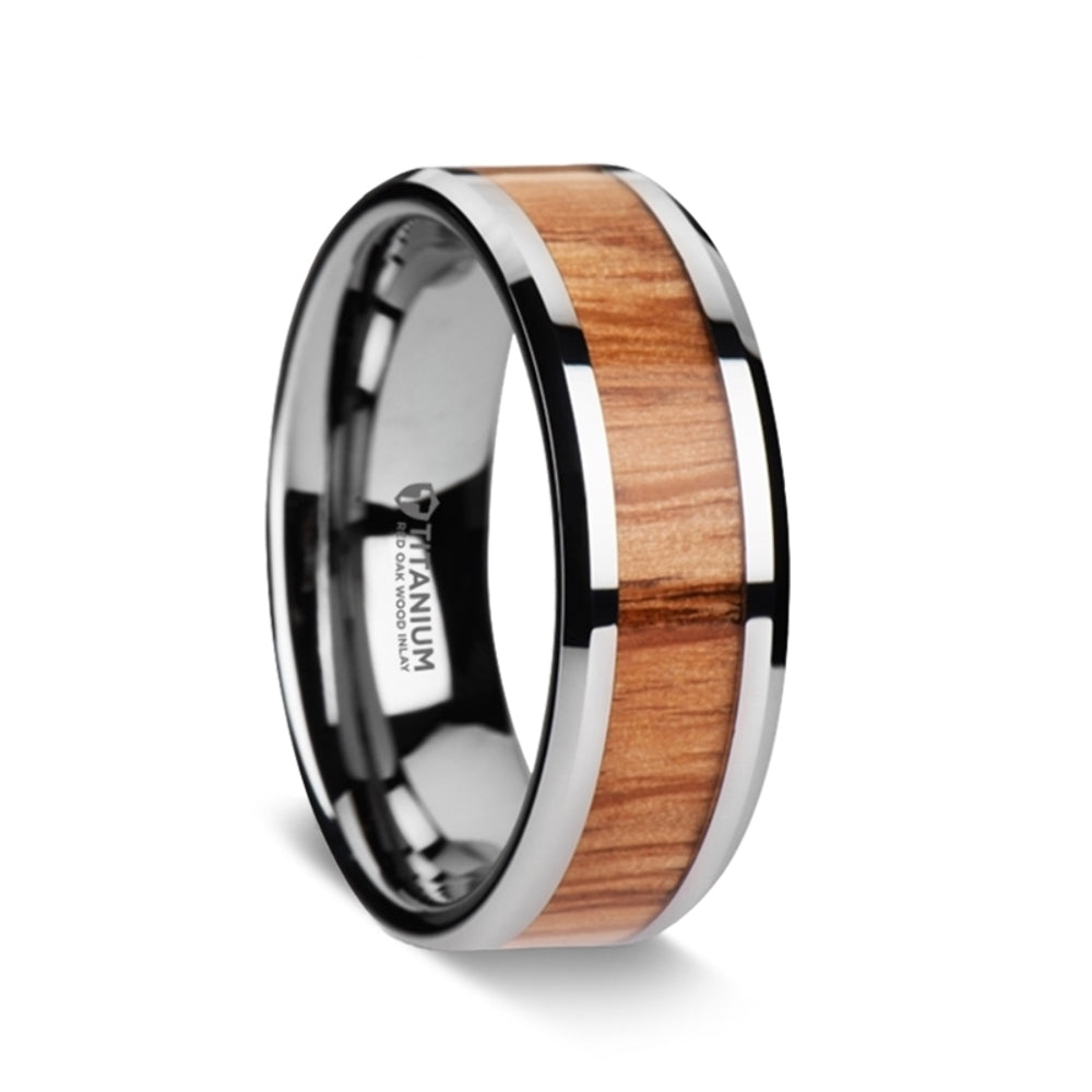 Mens Titanium Red Oak Wood Inlaid Wedding Ring - Beveled Comfort Fit - 8mm Wide - Style name: RUBRA