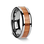 Load image into Gallery viewer, Mens Titanium Red Oak Wood Inlaid Wedding Ring - Beveled Comfort Fit - 8mm Wide - Style name: RUBRA
