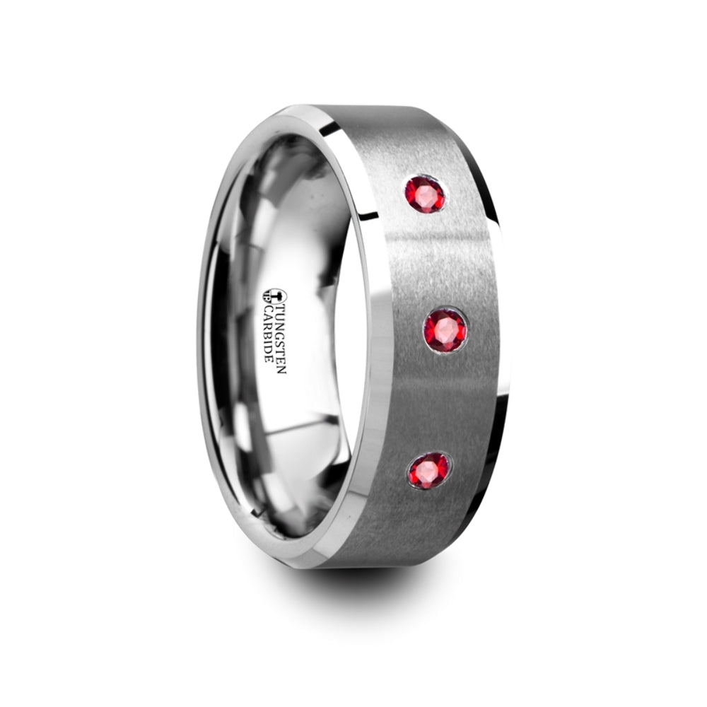 Mens Tungsten Rubies Setting Flat Brushed Wedding Ring - Polished Beveled Edges Comfort Fit - 8mm Wide - Style name: NEREUS