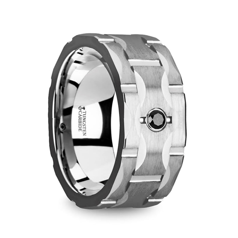 Mens Tungsten Carbide Grooves & Black Diamond Wedding Ring - Brushed Comfort Fit - 10mm Wide - Style name: SAINT