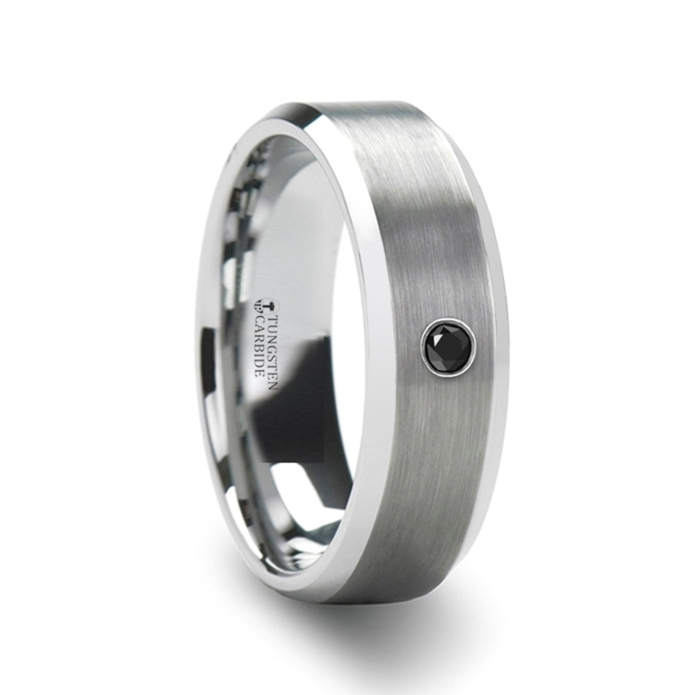 Mens Tungsten Black Diamond Polished Beveled Edges Wedding Ring - Brushed Comfort Fit - 6mm 8mm Wide - Style name: LYSANDRA